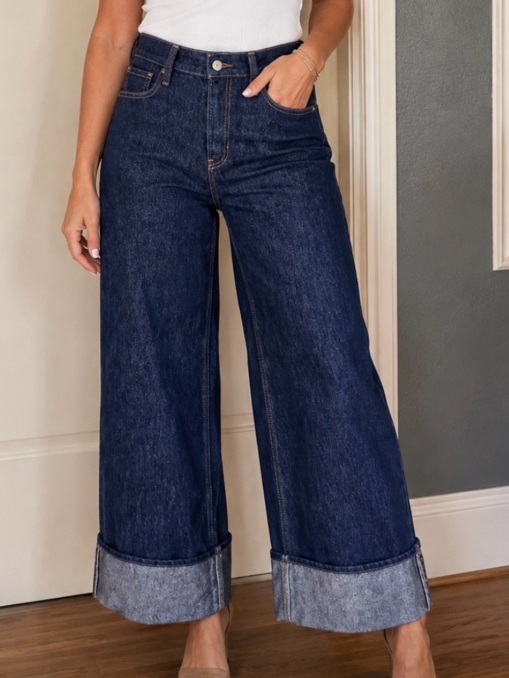 High-Waist Wide Leg Women Jeans - Dark Blue with silver threads